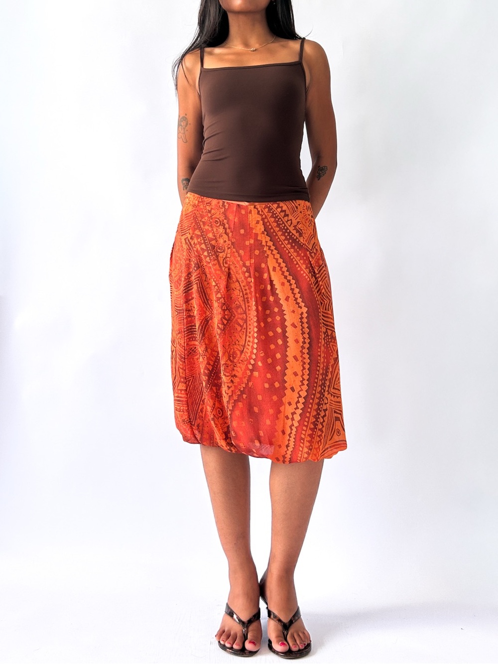 100% Silk Orange Patterned Midi Skirt — Lightweight Boho Style
